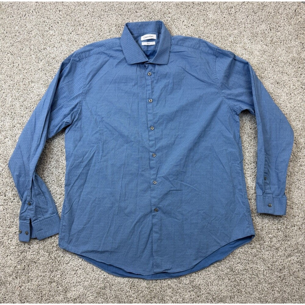 Calvin Klein Mens XL 17.5 34/35 Slim Fit Blue Geometric Long Sleeve Shirt